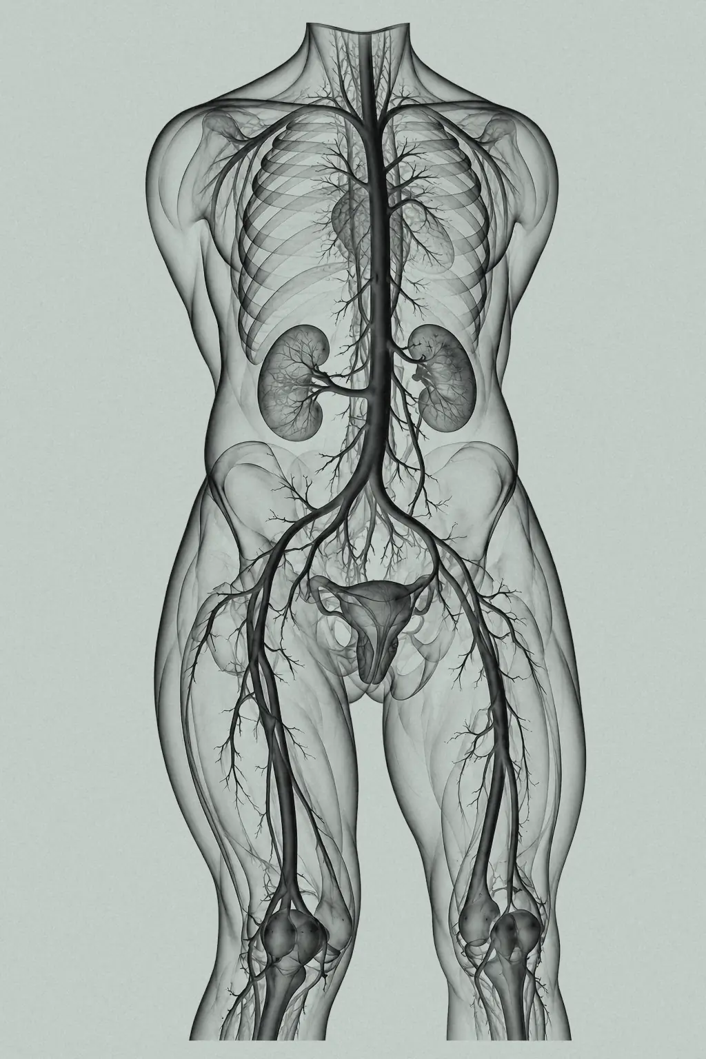 Illustration einer Angiografie: Katheterweg von der Leiste durch die Beckenarterien zur Gebärmutter